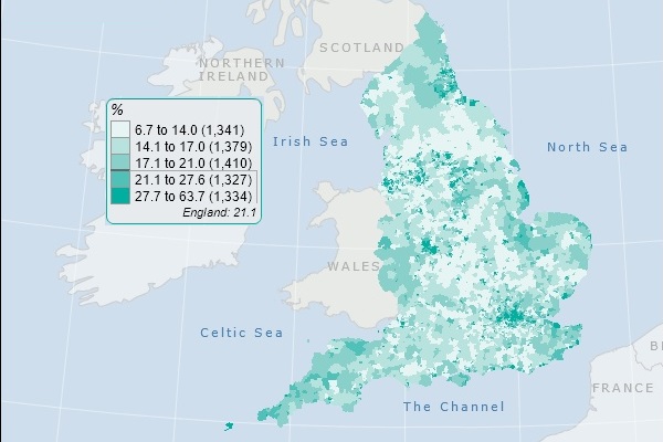 Map from the Local Health platform showing the scale of inequality within England,