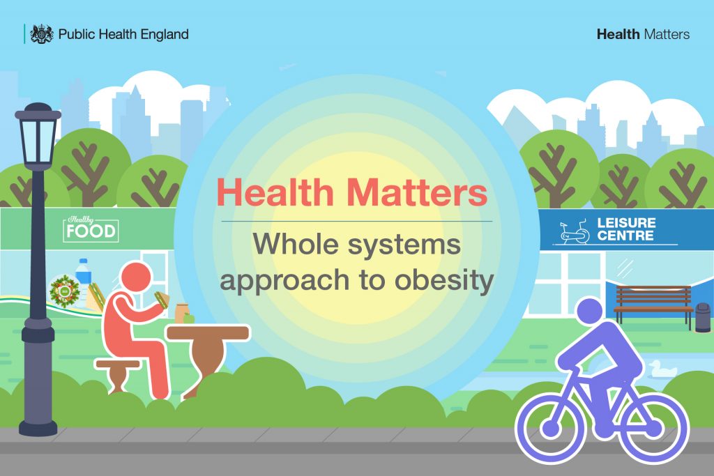Image of illustrated park with two characters, one eating at a bench and one cycling. Text reads 'Health Matters, Whole Systems approach to obesity'