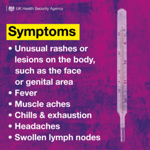 An image of a thermometer next to a list of monkeypox symptoms. The list reads: Unusual rashes or lesions on the body, such as the face or genital area, fever, muscle aches, chills and exhaustion, headaches, swollen lymph nodes