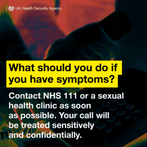 An image of someone using a phone. The text on the image reads: What should you do if you have symptoms? Contact NHS 111 or a sexual health clinic as soon as possible. Your cal will be treated sensitively and confidentially.