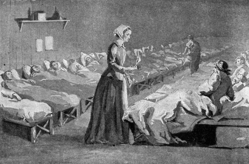 A black and white image of Florence Nightingale (1820-1910), English Nurse and pioneer of modern medicine in the hospital at Uskudar (Scutare) during the Crimean War, 1854-1856.