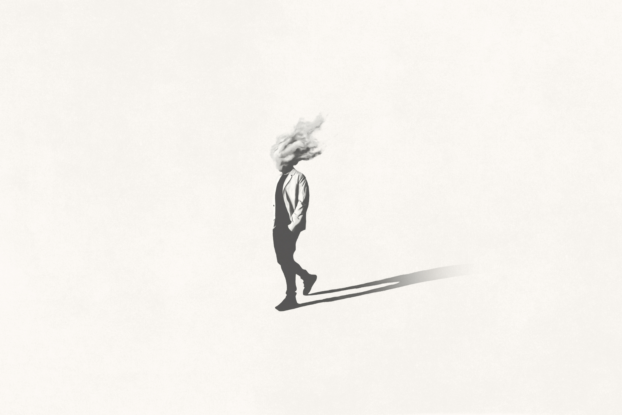 Illustration of black and white man with head in the cloud walking, surreal minimal concept