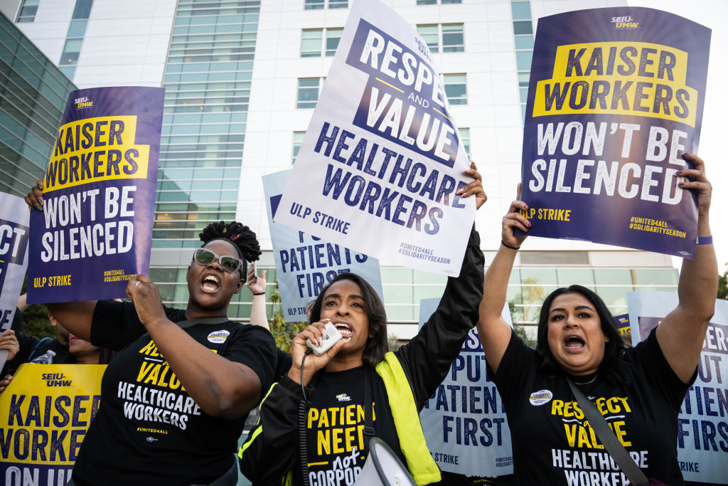 Kaiser Permanente healthcare workers walk the picket line  in Los Angeles as they begin a three-day strike involving more than 75,000 Kaiser workers on Wednesday, Oct. 4, 2023. 