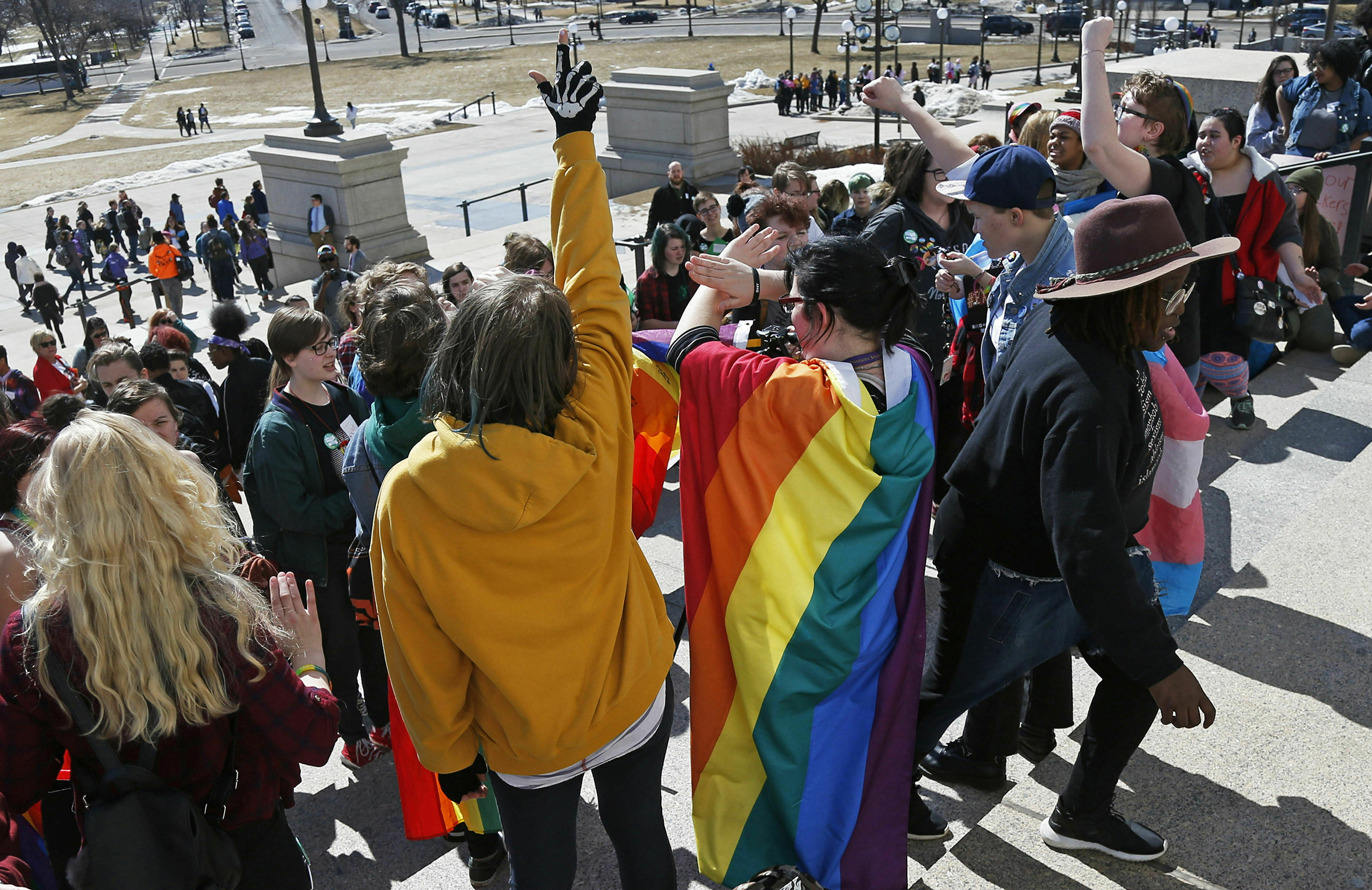 High school students rally at the Minnesota State Capitol in St. Paul, Minn., urging lawmakers to protect LGBTQ Minnesotans and youth from the effects of conversion therapy, on March 21, 2019. 