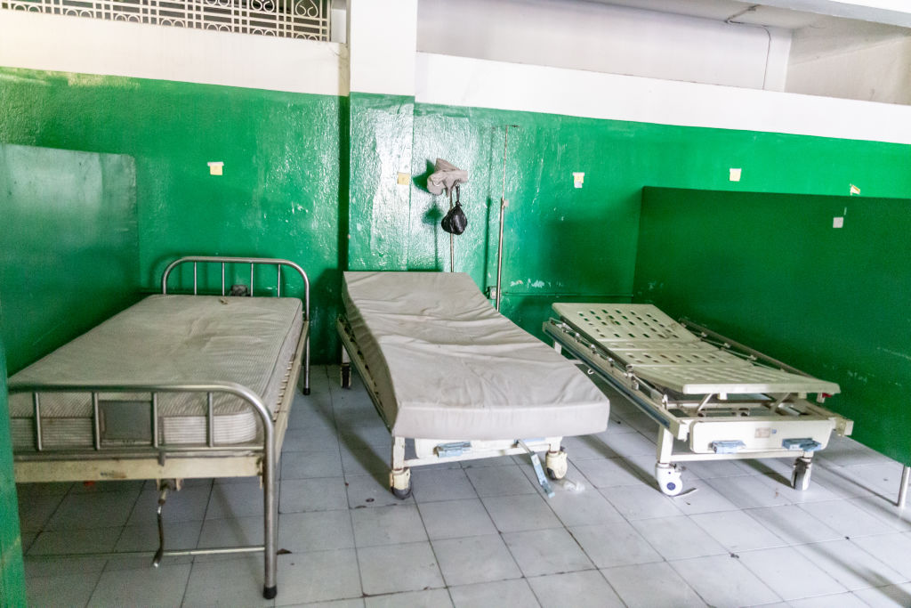 An empty room inside a general hospital in Port-au-Prince, Haiti, as gangs set fire to several pharmacies, clinics and a few houses in the vicinity of the hospital on March 26, 2024