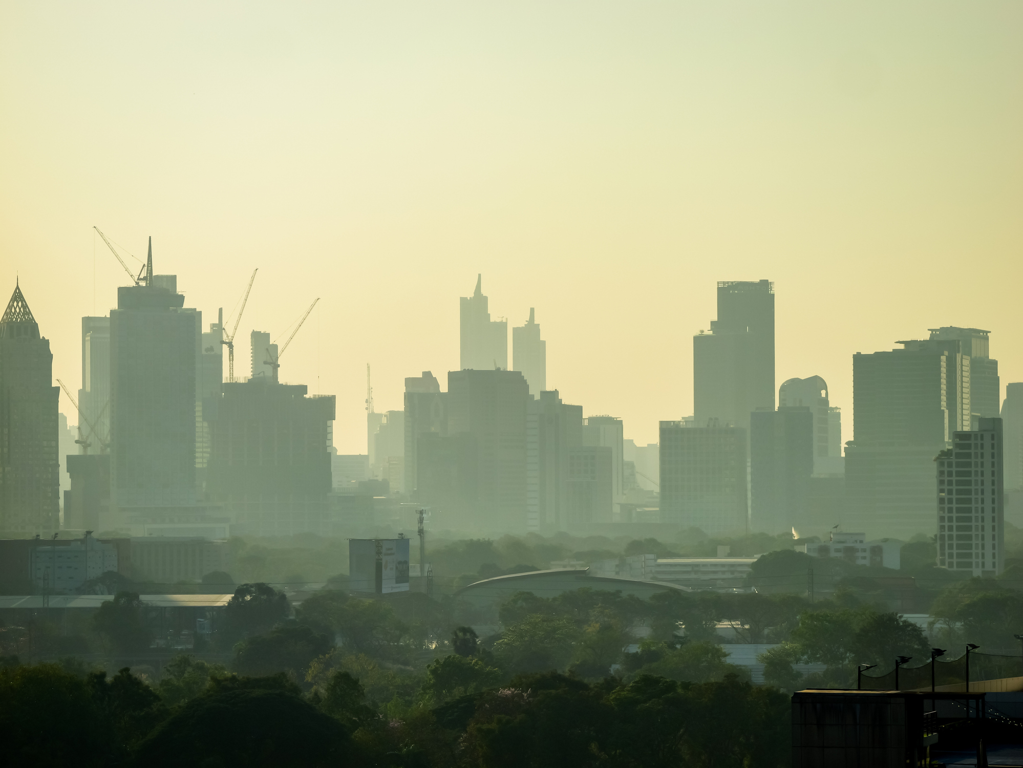 Hazy morning pollution and dusty smoke and smog atmosphere in Bangkok